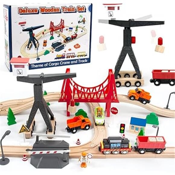 Wooden Train Set, 56-Piece Deluxe Kids Toy Train Set for 2 3 4 5 Year - Picture 7 of 7